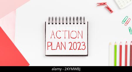 Légende conceptuelle Plan d'action 2023. La liste des tâches de l'aperçu commercial contient le nombre de tâches à effectuer l'année prochaine Banque D'Images