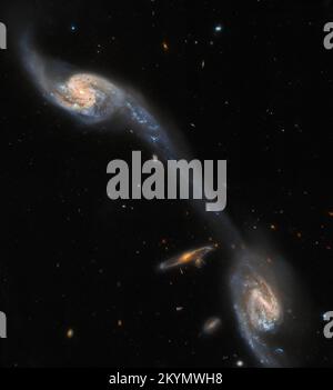 Cette image du télescope spatial Hubble NASA/ESA montre deux des galaxies du triplet galactique ARP 248 — également connu sous le nom de triplet Wild — qui se trouve à environ 200 millions d'années-lumière de la Terre dans la constellation de Virgo. Les deux grandes galaxies spirales visibles sur cette image — qui bordent une plus petite galaxie spirale de fond sans rapport — semblent être reliées par un pont lumineux. Ce flux allongé d'étoiles et de poussière interstellaire est connu sous le nom de queue de marée, et il a été formé par l'attraction gravitationnelle mutuelle des deux galaxies de premier plan. Cette observation vient d'un projet qui dévie Banque D'Images