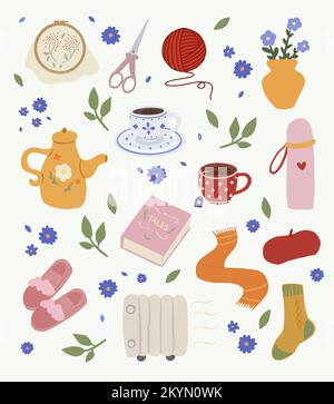 Ensemble de jolis articles esthétiques isolés en hygge dessinés à la main Illustration de Vecteur