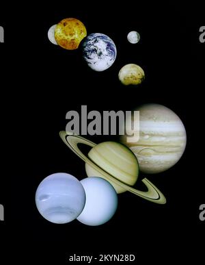 Il s'agit d'un montage d'images planétaires prises par les satellites gérés par le Jet Propulsion Laboratory à Pasadena, CA. Inclus sont (de haut en bas) des images de Mercure, Vénus, la terre (et la lune), Mars, Jupiter, Saturne, Uranus et Neptune. L'engin spatial responsable de ces images sont comme suit : l'image de mercure a été prise par Mariner 10, l'image de Vénus par Magellan, le droit de la Terre par Galileo, l'image de Mars par Viking, et le Jupiter, Saturne, Uranus et Neptune images par Voyager. Pluton n'est pas indiquée car aucune sonde n'a pas encore visité. Les planètes intérieures (Mercure, Vénus, la terre, la Lune et Mars) Banque D'Images