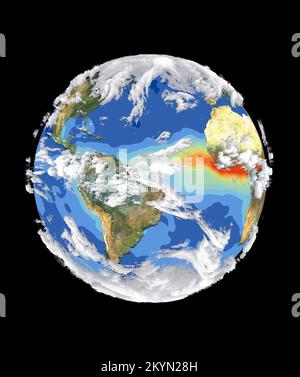 Données et d'images satellite tels que ceux présentés dans cette image de terre donner aux scientifiques une vue plus globale de l'systèmes interreliés et le climat. Quatre satellites différents contribuent à la réalisation de cette image. Sea-viewing Wide Field-of-view Sensor (SeaWiFS) a fourni le terrain et couche d'image est un vrai couleur composée de terres pour la végétation et sans nuage conditions du 18 septembre au 3 octobre 1997. Chaque point rouge sur l'Amérique du Sud et l'Afrique représente un incendie détecté par le radiomètre de pointe à très haute résolution. La couche d'aérosol océanique est basée sur les océans et l' Banque D'Images