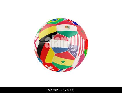 3d mise en scène du ballon de football avec les drapeaux nationaux de l'équipe du qatar 2022 Banque D'Images