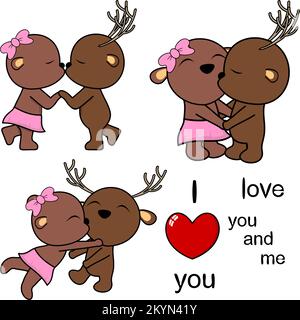 adorable couple de cerfs mignon bisous dessin animé amour valentine pack en format vectoriel Illustration de Vecteur