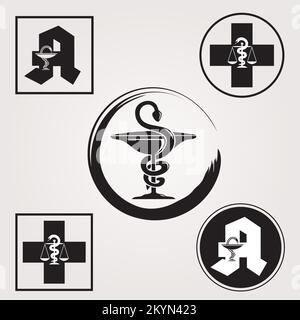 Ensemble de différentes icônes de pharmacie avec symbole Caduceus, lettre A et symbole de la Croix suisse en noir et blanc Illustration de Vecteur