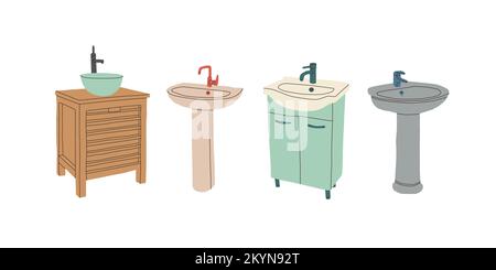 Un lavabo avec un pied et un lavabo avec un meuble. Lavabo de toilettes. Ensemble d'illustrations vectorielles isolées sur fond blanc. Illustration de Vecteur