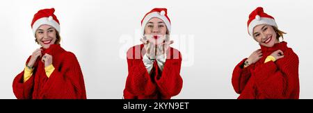 Jeune femme positive portant un chapeau de noël sur fond blanc. Bannière de trois poses d'une femme. Concept de personnes et de vacances d'hiver Banque D'Images
