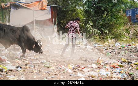 Homme balayant les ordures avec un balai et de la grande zone de déchets en polyhthène, homme nettoyant la zone polluée, journée de contrôle de la pollution, concept de pollution Banque D'Images