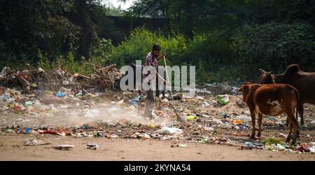 Décembre, 2022, Raipur, Inde: Homme balayant la poubelle avec un balai et de la polyhthène grande zone de déchets, homme nettoyant la zone polluée, contrôle de la pollution da Banque D'Images