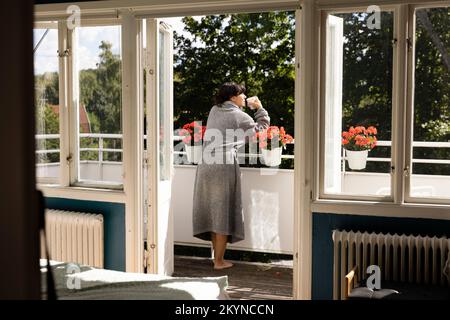 Vue arrière de la femme en train de prendre un thé tout en s'inclinant sur la rampe du balcon vu par la porte Banque D'Images
