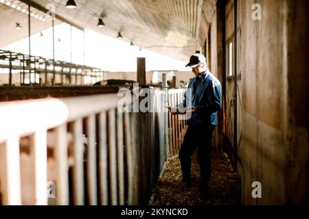 Agriculteur utilisant une tablette numérique debout près d'une rampe à la ferme laitière Banque D'Images