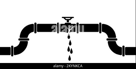 Fuite, rupture du tuyau de pétrole ou de gaz avec les raccords et les vannes. Pipeline, robinet noir, ouvert, fermé. Jet d'eau de dessin animé avec conduite de fuite, système de plomberie Banque D'Images