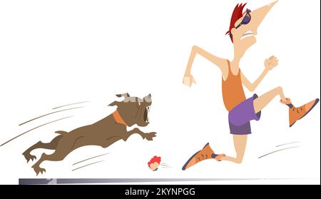 Dessin animé représentant un homme de course et un chien en colère. L'homme de sport effrayé s'éloigne du chien fou isolé sur blanc Illustration de Vecteur