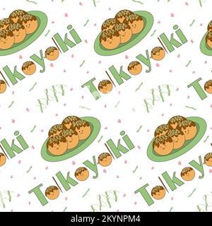 Plat asiatique - takoyaki. Boules de poulpe. Cuisine japonaise. Joli personnage. Illustration sans couture. Tissu, papier d'emballage ou arrière-plan Illustration de Vecteur