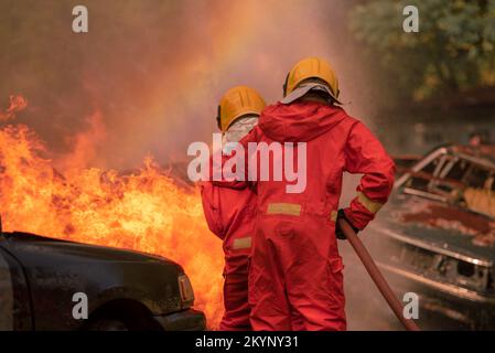 Pompier formation de sauvetage pour arrêter de brûler des flammes, pompier porter un casque et un uniforme de sécurité pour la protection brûler en utilisant le tuyau avec de l'eau chimique FO Banque D'Images