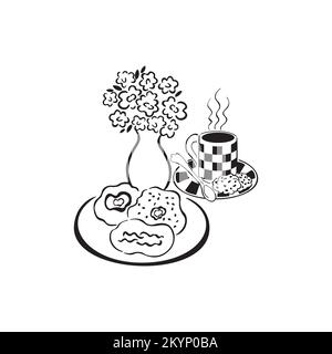 Extrait à la main d'une tasse à café et d'un vase avec des fleurs sur fond blanc Illustration de Vecteur