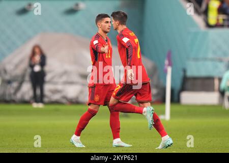 Doha, Qatar, 01 décembre 2022, Alvaro Morata d'Espagne et Ferran Torres d'Espagne lors du match de la coupe du monde de la FIFA, Qatar 2022, Groupe E, entre le Japon et l'Espagne, ont joué au stade international de Khalifa le 01 décembre 2022 à Doha, Qatar. (Photo de Bagu Blanco / PRESSIN) Banque D'Images