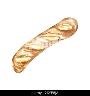 Produits de boulangerie aquarelle. Fait à la main sur fond blanc. La baguette est blanche. Trame. Peut être utilisé sur une carte postale, dans des compositions, sur une nappe Banque D'Images