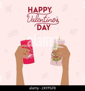 Carte de voeux carrée de Saint-Valentin avec bougies, mains, cadeaux, verdure et souhaits lettering. Bonne Saint Valentin affiches, invitation. Aucun gaspillage Illustration de Vecteur