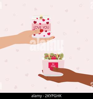 Carte de voeux carrée de Saint-Valentin avec bougies, mains, cadeaux, verdure et souhaits lettering. Bonne Saint Valentin affiches, invitation. Aucun gaspillage Illustration de Vecteur