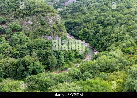 La gorge de la rivière Ckalcitela (Tskaltsitela) (eau rouge, rivière Rouge) au pied du monastère de Motsameta, affluent de la rivière Rioni. Banque D'Images