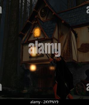Une femme archer dans la forêt brumeuse devant une maison de campagne d'époque la nuit avec des arbres créepeux. Fantasy World - rendu 3D Banque D'Images