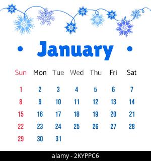 Calendrier de janvier 2023. Janvier 2023 Calendrier illustration vectorielle avec flocons de neige bleus. Modèle de vecteur de calendrier, conception minimale simple. Modèle calendrier Illustration de Vecteur