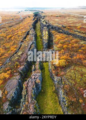 Photo verticale du seul endroit sur terre où deux plaques tectoniques se rencontrent à la surface de la terre - Thingvellir, Islande Banque D'Images