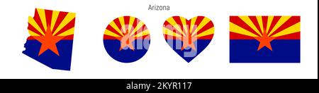 Ensemble d'icônes de drapeau Arizona. Pennant de l'État américain dans les couleurs et les proportions officielles. Rectangulaire, en forme de carte, en forme de cercle et de coeur. Vecteur plat illust Illustration de Vecteur