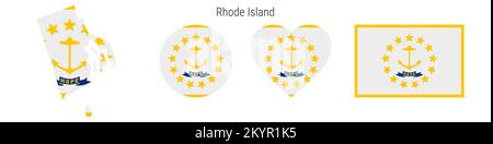Ensemble d'icônes du drapeau Rhode Island. Pennant de l'État américain dans les couleurs et les proportions officielles. Rectangulaire, en forme de carte, en forme de cercle et de coeur. Vecteur plat i Illustration de Vecteur