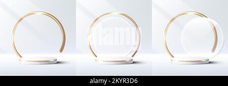 Ensemble de 3D podiums vérin blanc et or élégants et réalistes avec cercles dorés fond de verre transparent sur scène propre fond de luxe minimal sty Illustration de Vecteur