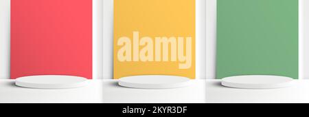 Ensemble de 3D piédestal cylindrique blanc réaliste avec fond carré jaune, rouge et vert sur fond minimal de scène murale. Présentation du produit Illustration de Vecteur