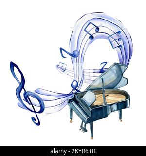 Fente d'aigus, notes musicales et illustration d'aquarelle de piano à queue en blanc. Instrument de musique classique et symbole dessiné à la main. Design pour flyer, con Banque D'Images