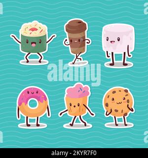 six personnages de cuisine kawaii Illustration de Vecteur