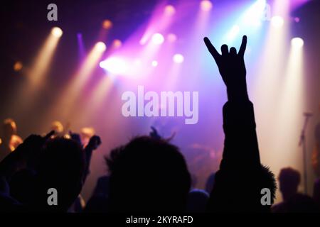 La musique nous rassemble. Une foule de personnes regardant un groupe jouer sur scène dans une boîte de nuit. Banque D'Images