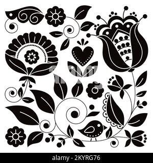 Motif floral carré noir et blanc vectoriel d'art folklorique scandinave avec oiseau inspiré des motifs de broderie traditionnels de Suède - parfait pour les gree Illustration de Vecteur