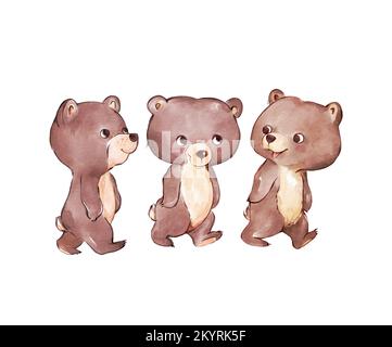 Illustration aquarelle de trois petits marchant et parlant. Illustration Bear cub. Carte postale pour la Journée des enfants. Teddy Bear Fun Walk. Amis ensemble Banque D'Images