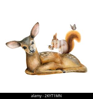 Bois réaliste animaux mignons bébé cerf, écureuil, papillon. Décoration scandinave représentant une pépinière de forêt aquarelle. Caractères dessinés à la main. Banque D'Images