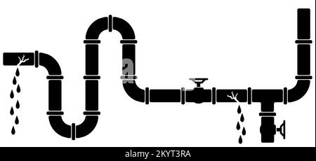 Fuite, rupture du tuyau de pétrole ou de gaz avec les raccords et les vannes. Pipeline, robinet noir, ouvert, fermé. Jet d'eau de dessin animé avec conduite de fuite, système de plomberie Banque D'Images