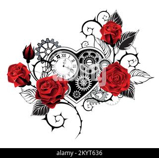 Coeur mécanique dessiné par des artisans avec une horloge antique, décoré de roses rouges avec des tiges noires et piquantes sur fond blanc. Style steampunk. Illustration de Vecteur