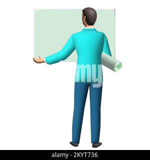 3d hommes d'affaires se tiennent avec son dos tenant la feuille de papier vide et le papier rouleau isolé sur fond blanc. Concept employé d'affaires, constructeur, ingénieur. Banque D'Images