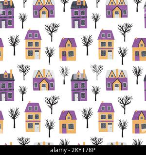 Maisons vectorielles et arbres motif sans couture Illustration de Vecteur