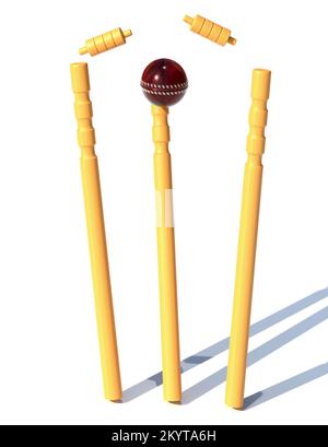 une balle rouge en cuir qui frappe un objectif de cricket 3d rend l'illustration isolée sur fond blanc Banque D'Images