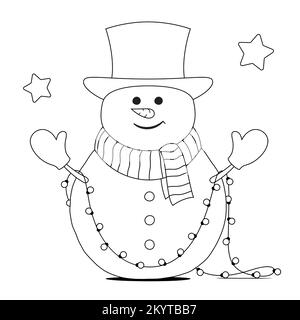 Bonhomme de neige heureux avec chapeau et lumières de Noël, coloriage livre page vectorisation illustration. Illustration de Vecteur