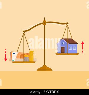 Balance avec beaucoup d'argent sur une plaque et une maison dans l'autre plaque: Les effets de l'inflation sur les investissements immobiliers Illustration de Vecteur