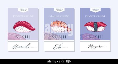 Modèle de logo Abstract de l'alimentation asiatique. Sushi Sashimi Roll dessiné à la main et typographie moderne. Cuisine japonaise Vector Emblem concept. Isolé Illustration de Vecteur