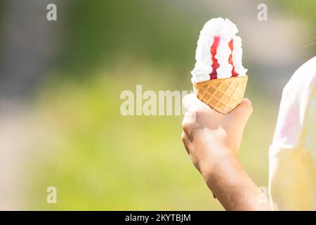 Une petite fille mange de la glace dans le parc. L'enfant aime la glace en été. La fille tient un cône de glace dans ses mains Banque D'Images