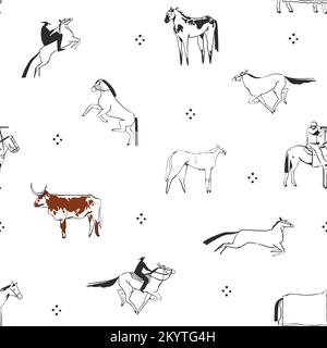 Dessin à la main abstrait vecteur graphique clipart illustration chevaux sauvages ouest composition sans couture de motif.Wild Western design concept.Bohemian Wild West Illustration de Vecteur