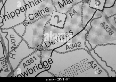 Devizes, Royaume-Uni carte de l'atlas nom de la ville - noir et blanc Banque D'Images