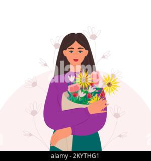 Une jeune femme avec un bouquet de fleurs entre ses mains. Illustration vectorielle de style plat Illustration de Vecteur