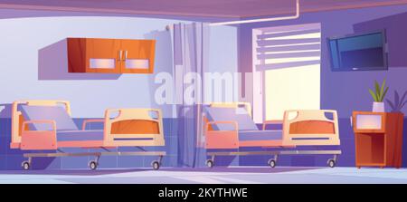 Chambre d'hôpital avec lits médicaux modernes séparés par des rideaux. Chambre avec canapés sur roues, clinique avec confortable endroit pour dormir pour les patients et Illustration de Vecteur